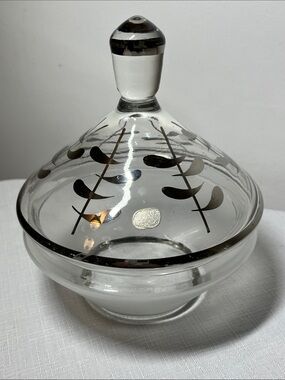 Vintage Clear Glass Lidded Candy Dish with Silver Leaf Motif